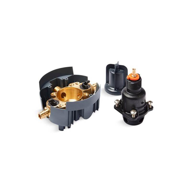 Rite-Temp® Pressure-balancing valve body and cartridge kit with service stops and-related