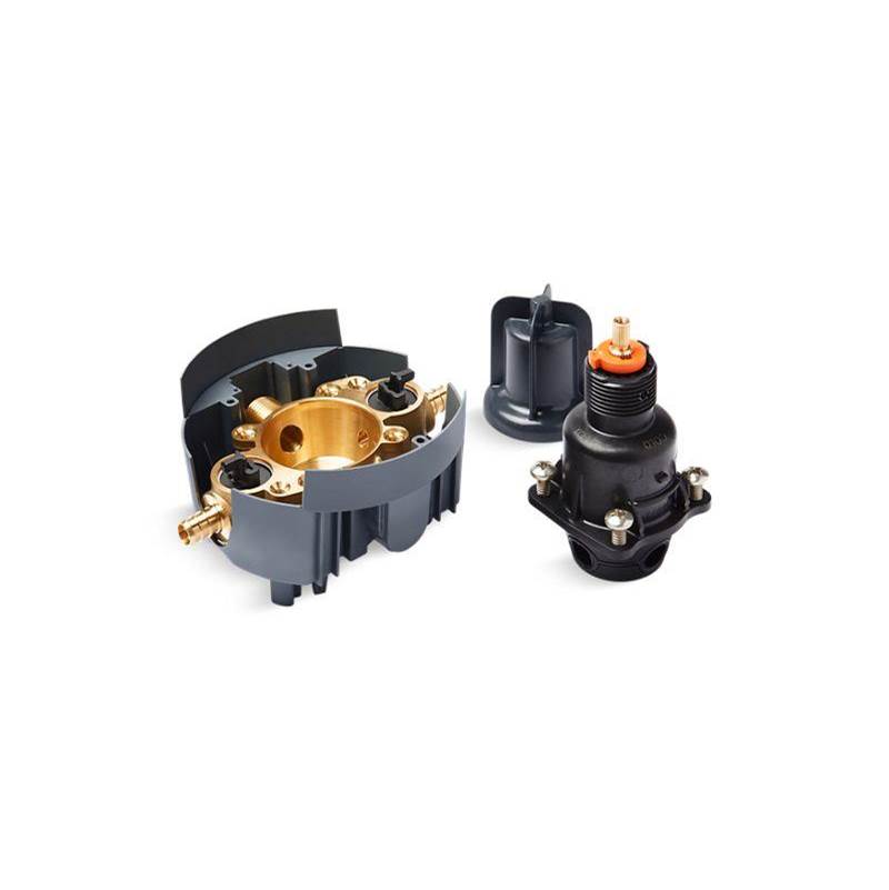 Rite-Temp® Pressure-balancing valve body and cartridge kit with service stops and-related