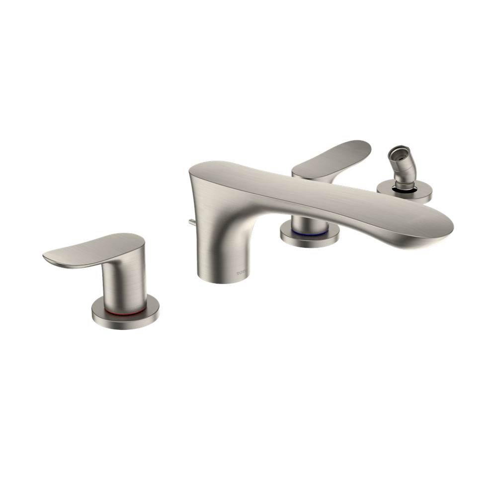 TOTO GO Two-Handle Deck-Mount Roman Tub Filler Trim with Handshower, Brushed Nick-shop